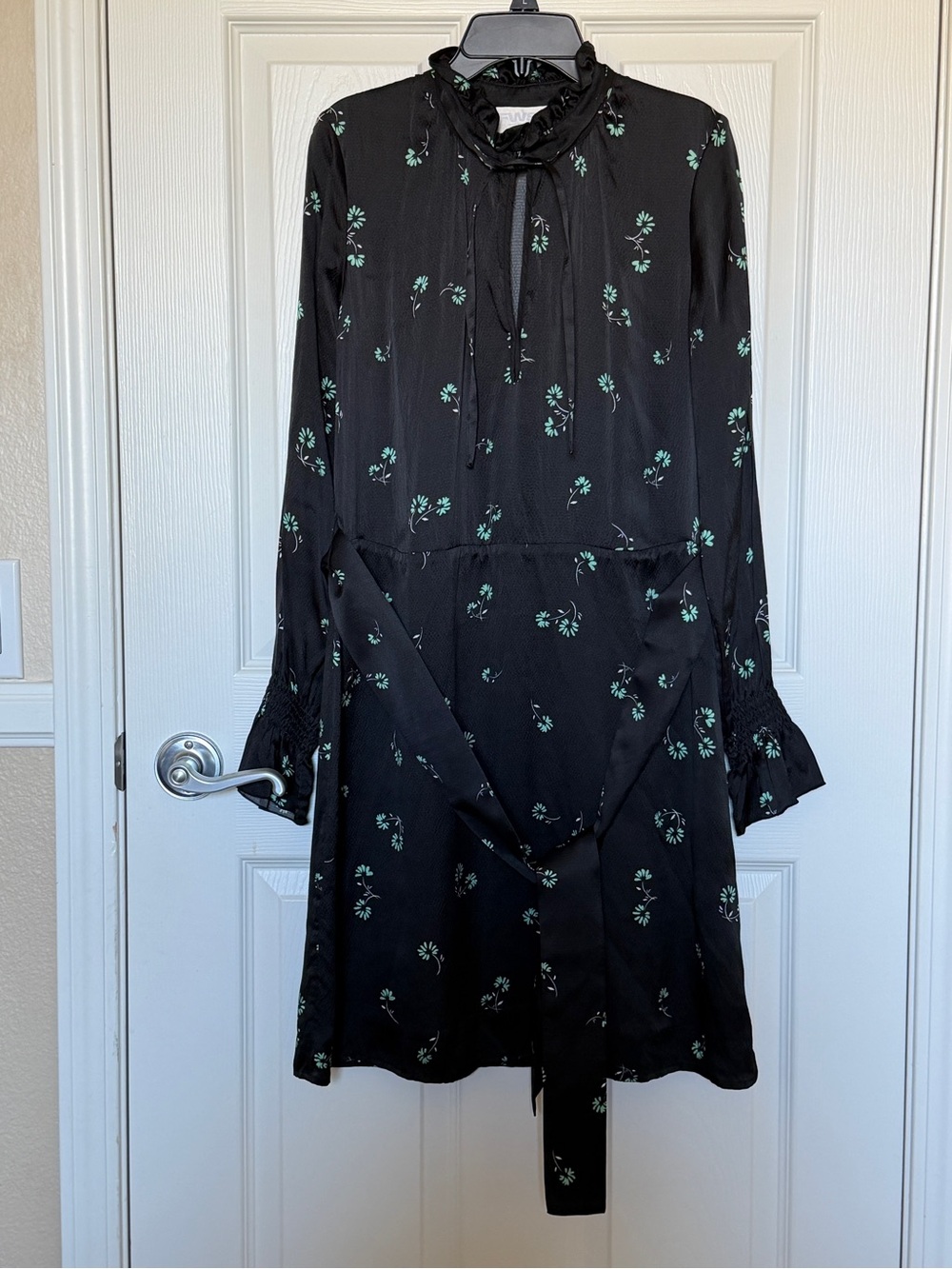 FWSS Silk Floral Print Black Dress with Subtle Mint Blossoms